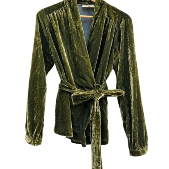 Anthropologie Olive Green Velvet Wrap Blouse - Picture 4 of 10